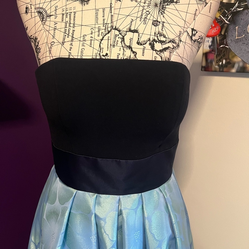 Theia Strapless Tea Length Formal Gown - Picture 2 of 15